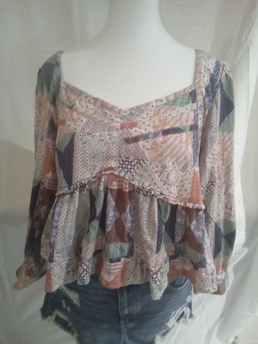 American Eagle Outfitters Multi-Color Patchwork Peasant Blouse M